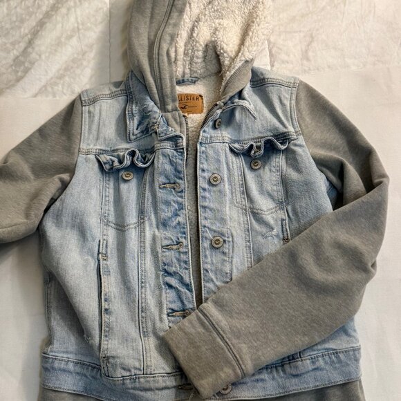 Hollister Denim Jacket with Sweatshirt Sleeves & Hood in Gray , Size S, Used - Picture 2 of 5